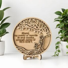 Leseno dekorativno stojalo z izrezano fotografijo mame in otroka ter napisom »Mami, zame si cel svet«, primerno kot darilo za materinski dan ali posebno priložnost.