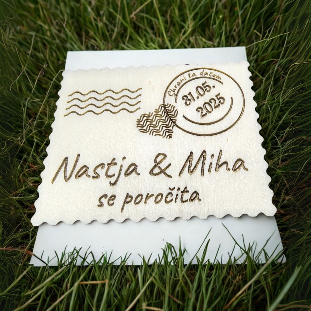 Leseno vabilo za poroko – personalizirano z imeni in datumom