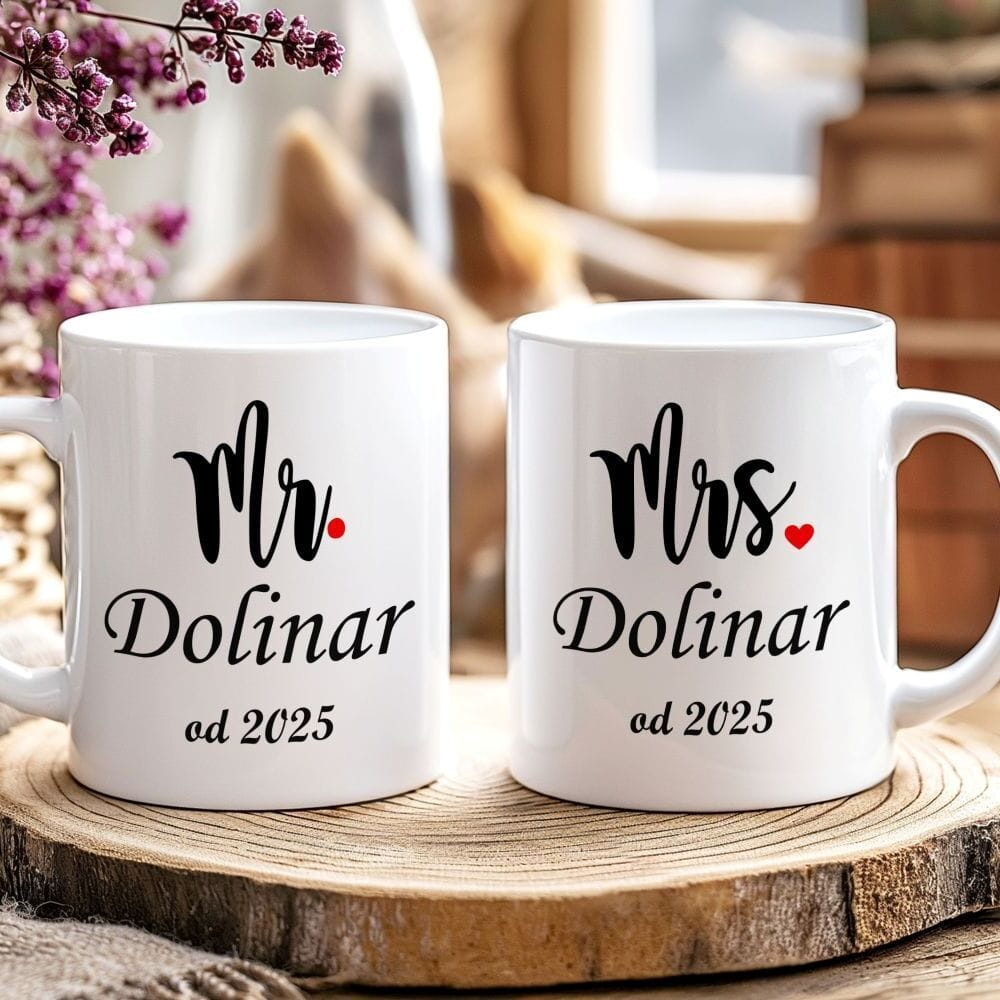Personalizirane skodelice Mr in Mrs z družinskim priimkom in letnico poroke