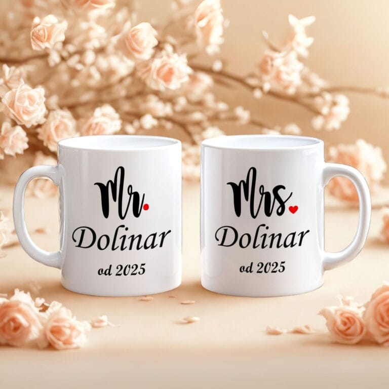 Personaliziran set skodelic Mr in Mrs z letnico začetka skupnega življenja