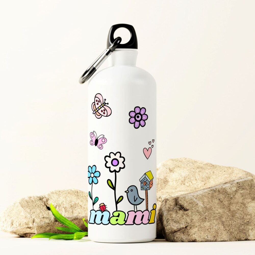 Aluminijasta steklenička 600 ml z napisom mami, rožicami in metuljčki