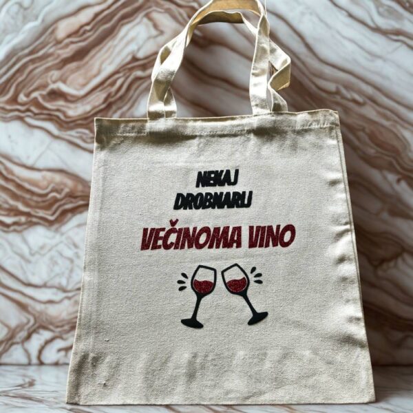Platnena torba s potiskom Nekaj drobnarij, večinoma vino in motivom kozarcev vina