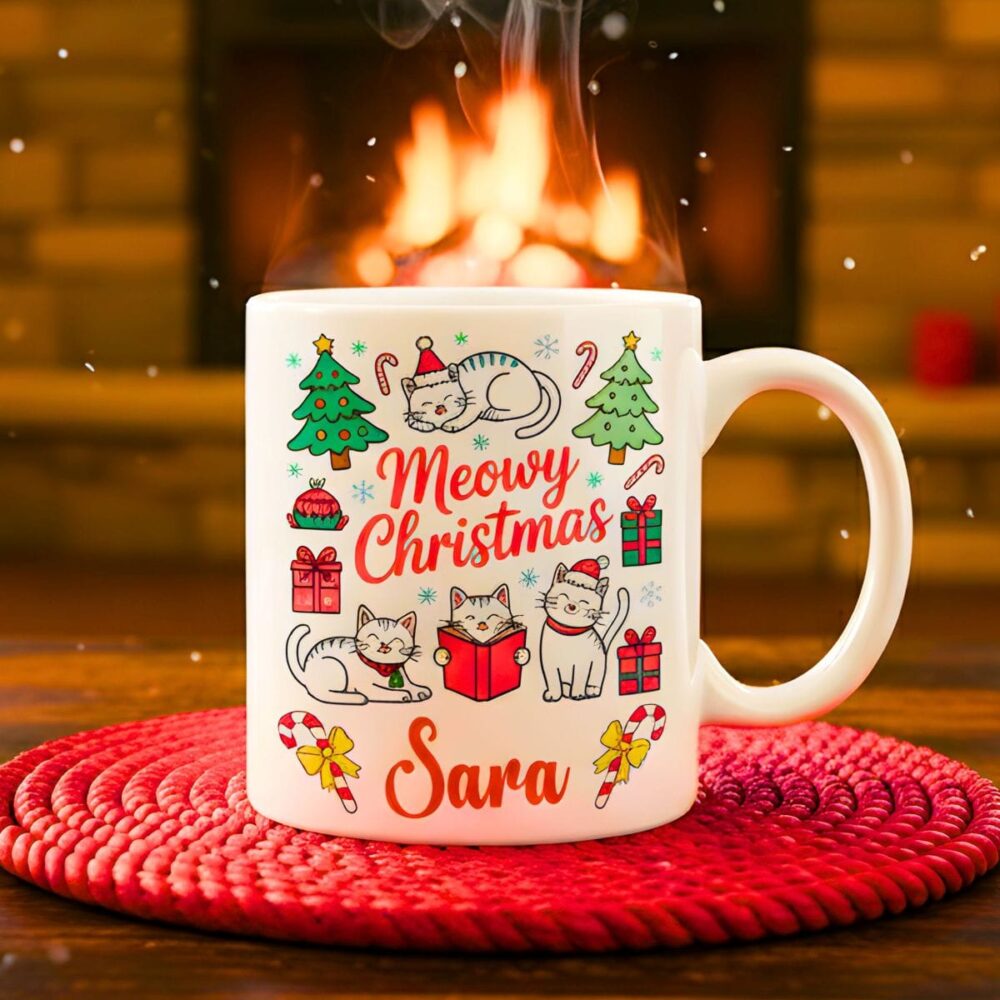 Prikupna praznična skodelica "Meowy Christmas" z ljubkimi mačkami. Popolna za kavo, čaj ali vroči kakav v zimskih dneh.