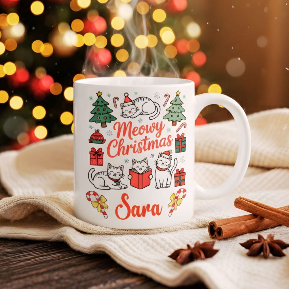 Keramična skodelica "Meowy Christmas" z božičnim motivom mačk. Idealno božično darilo za ljubitelje mačk.