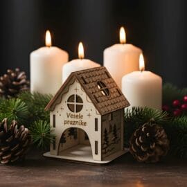 Božična lesena hiška z napisom »Vesele praznike« in prostorom za svečko – popolna praznična dekoracija za dom.