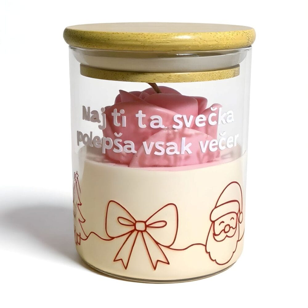 Božična dišeča sveča darilo "Za Lepši Večer" v steklenem kozarcu z leseno kapico, roza voščeno vrtnico in božičnim motivom Božička.