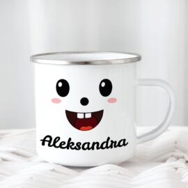 Personaliziran emajlirani lonček Čarobni nasmeh z igrivim obrazom in imenom – unikatno darilo za vse, ki obožujejo smeh in veselje.