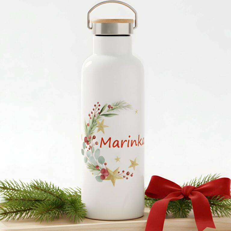 Termo Steklenička - Božična Vejica_2 Božična termo steklenička 600 ml s prazničnim motivom in personaliziranim imenom, ohranja toploto do 12 ur in hladno do 24 ur.