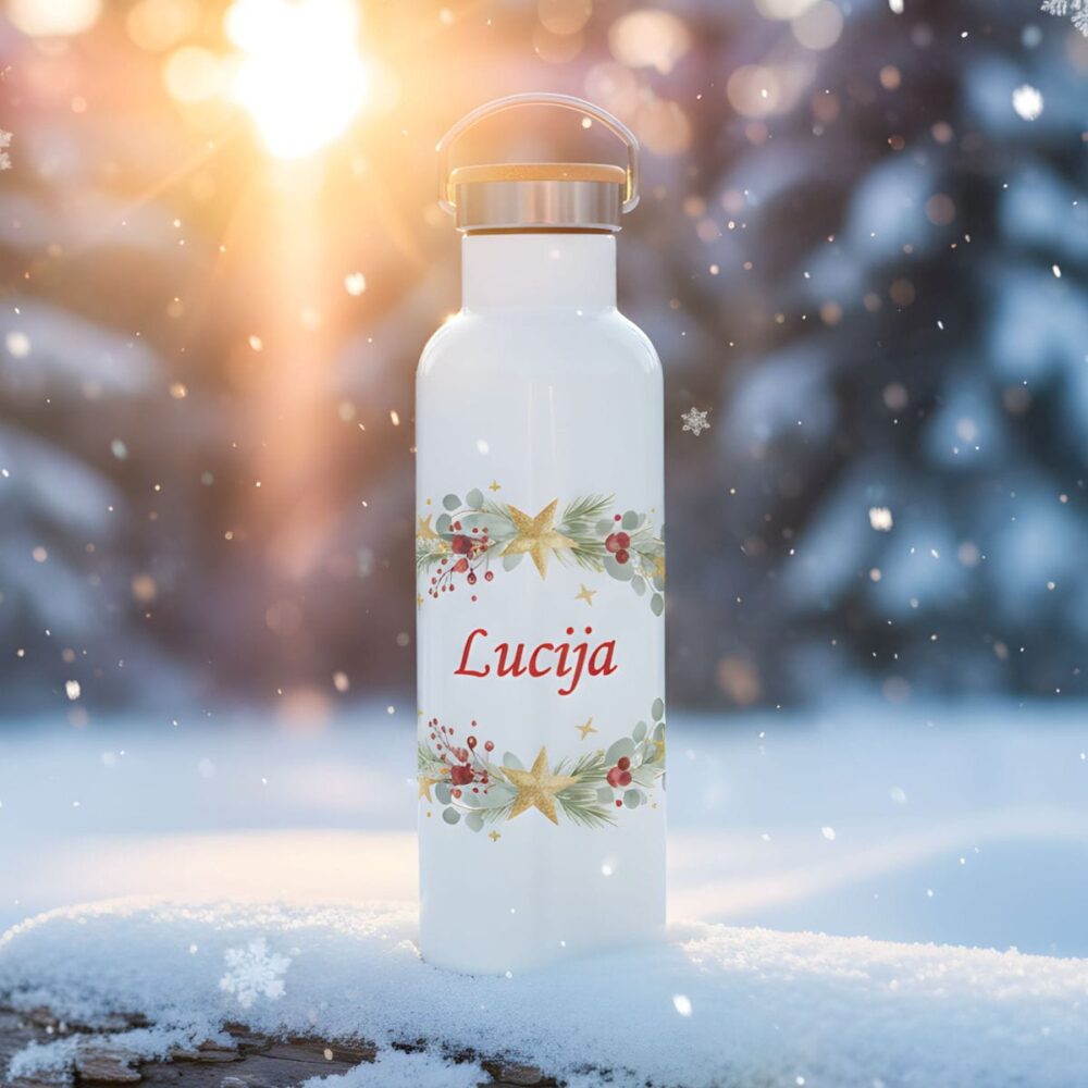 Nerjaveča termo steklenička 600 ml z božičnim dizajnom in napisom imena, idealna za tople in hladne napitke.