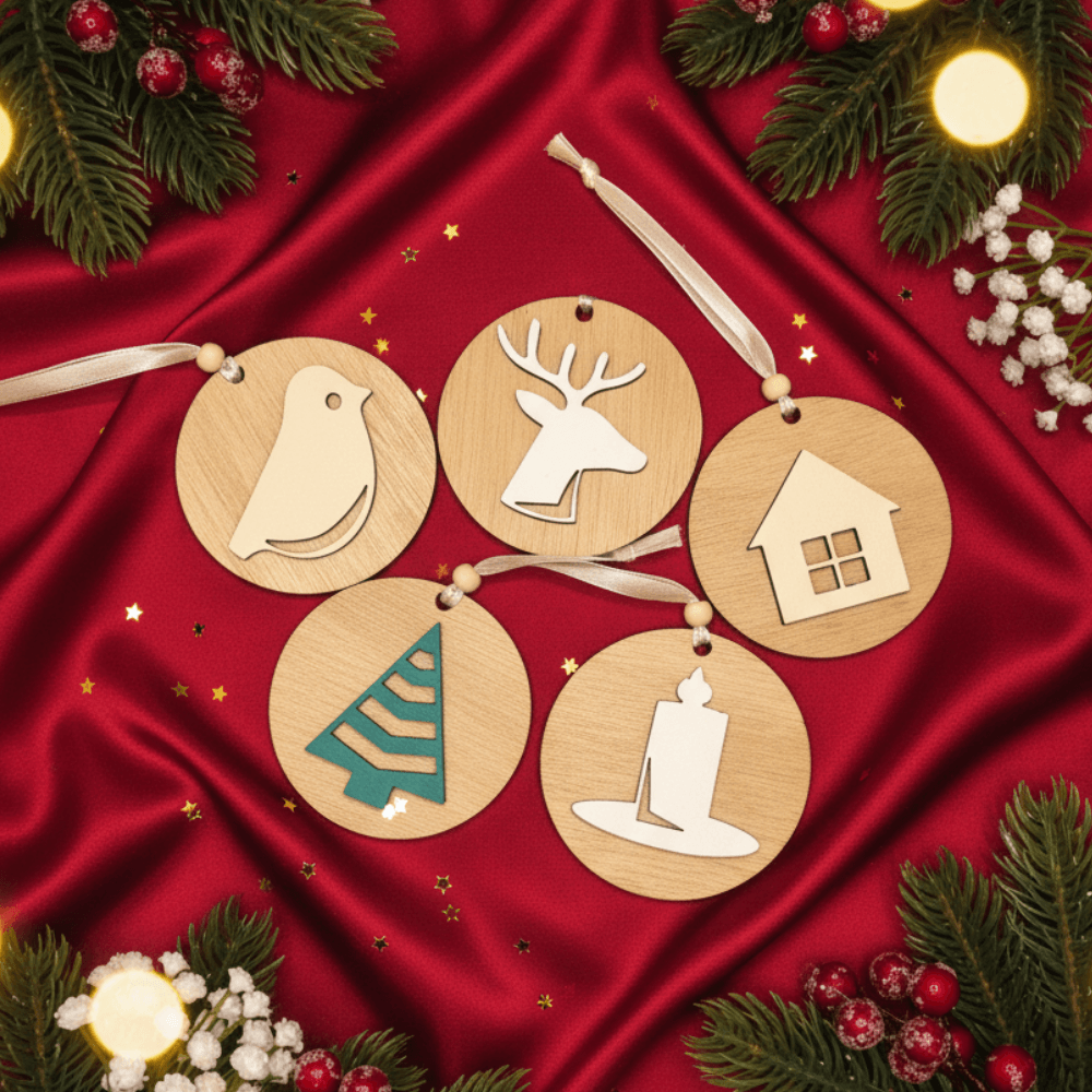 Set petih lesenih božičnih okraskov (ptica, jelen, hiška, smrečica, svečka) na rdeči satenasti podlagi. Okraski so obdani z vejicami smreke, rdečimi jagodami in prazničnimi lučkami