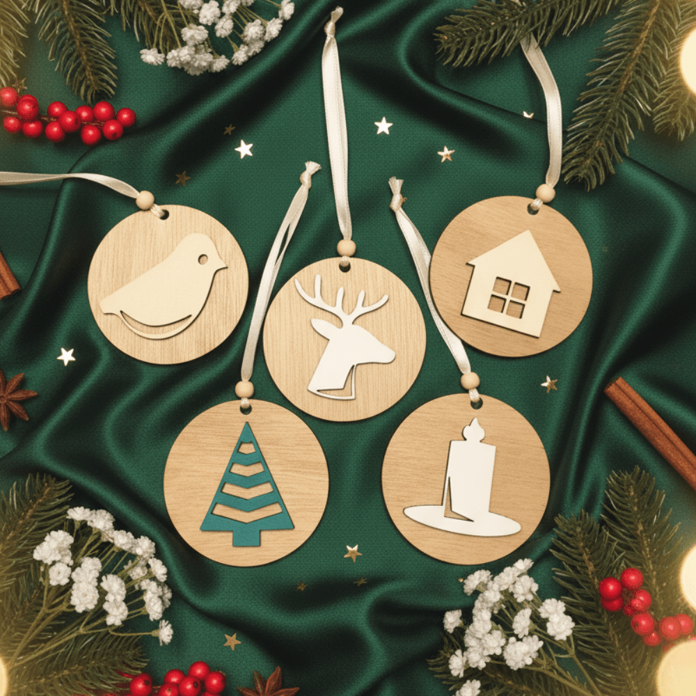 Set petih lesenih božičnih okraskov (ptica, jelen, hiška, smrečica, svečka) na temno zeleni satenasti podlagi. Okraski so obdani z vejicami smreke, rdečimi jagodami, cimetovimi palčkami in zvezdastim janežem.