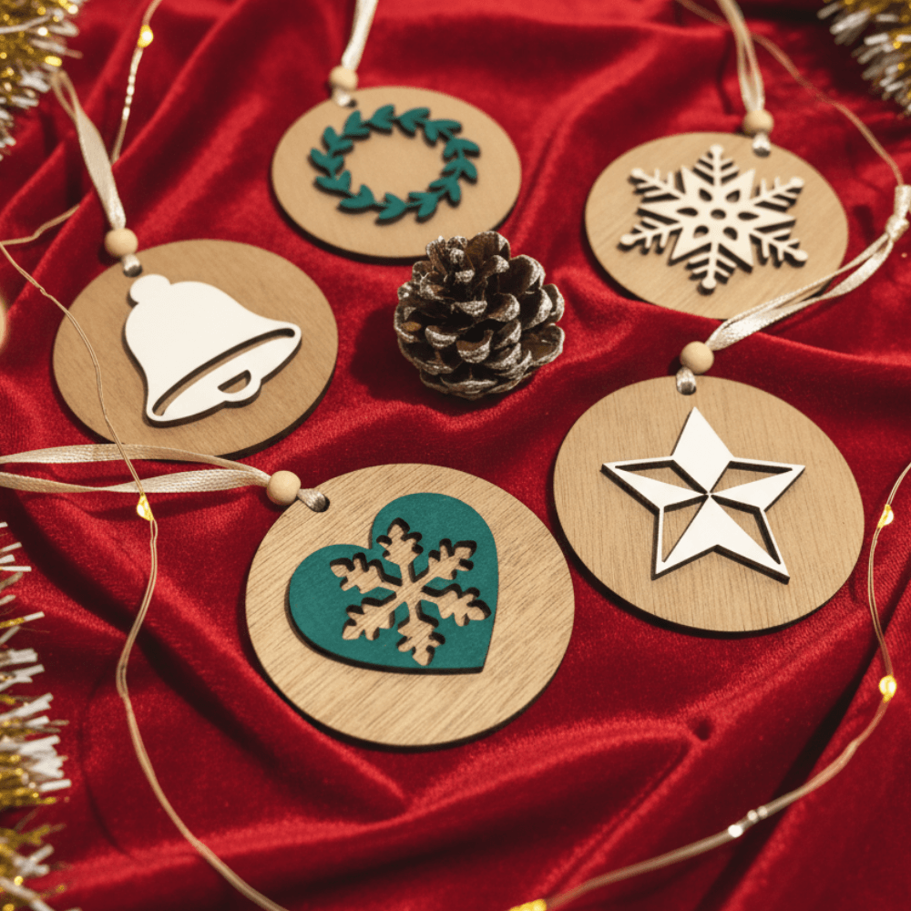 et petih lesenih božičnih okraskov na rdečem žametu. Okraski vključujejo motive zvončka, venčka, snežinke, srca s snežinko in zvezde, obdane z božičnimi lučkami in borovim storžem
