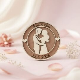 Personaliziran okrogel lesen magnet z vgravirano silhueto objemajočega se para, imenoma Mark & Klara ter datumom, fotografiran na roza podlagi z dekoracijo suhega cvetja