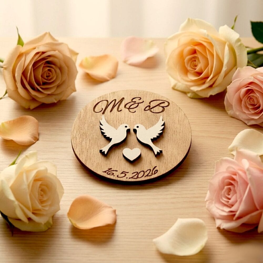 Personaliziran leseni poročni magnet z vgraviranima začetnicama M & B, datumom 16. 5. 2026 ter motivom dveh belih golobčkov in srca, obdan z rožnatimi vrtnicami.