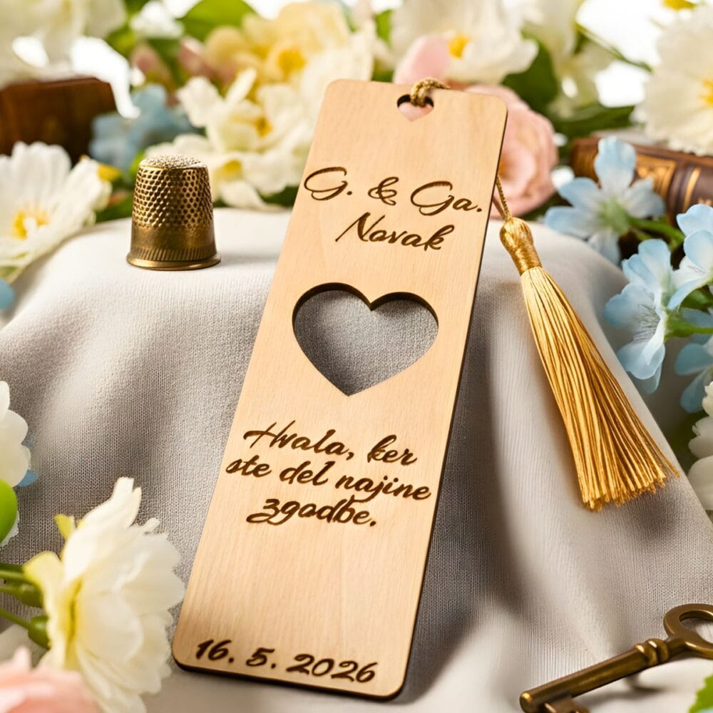 Personalizirano leseno knjižno kazalo z izrezanim srčkom, zlato resico in vgraviranim napisom G. & Ga. Novak, postavljeno na marmorno podlago s cvetjem kot unikatno darilo za svate.