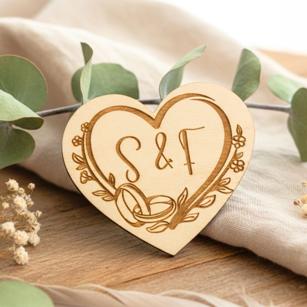 Detajl lesenega poročnega naprsnika v obliki srca s prstanoma in začetnicama, postavljen na bež tkanino ob vejici evkaliptusa.