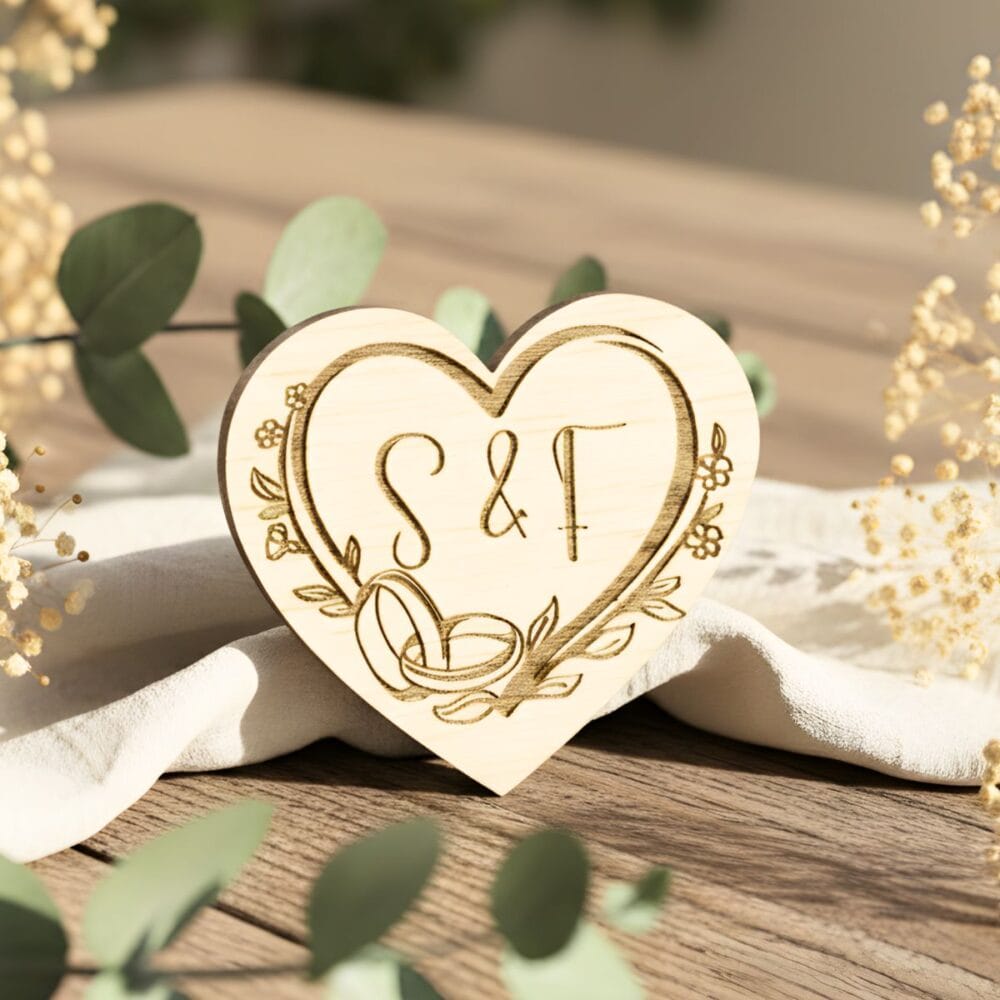 Lesen poročni naprsnik v obliki srčka z motivom prstanov in personalizacijo, postavljen na rustikalno leseno mizo ob evkaliptusu in suhem cvetju.