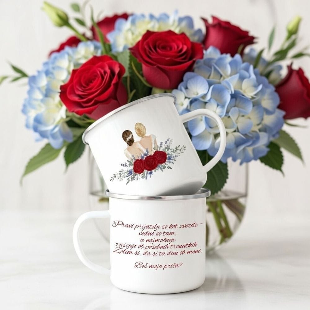 Personaliziran emajliran lonček za pričo s srebrnim robom, prikazan z obeh strani; na eni strani ilustracija dveh prijateljic z rdečimi vrtnicami, na drugi pa napis "Boš moja priča?" pred cvetličnim aranžmajem.