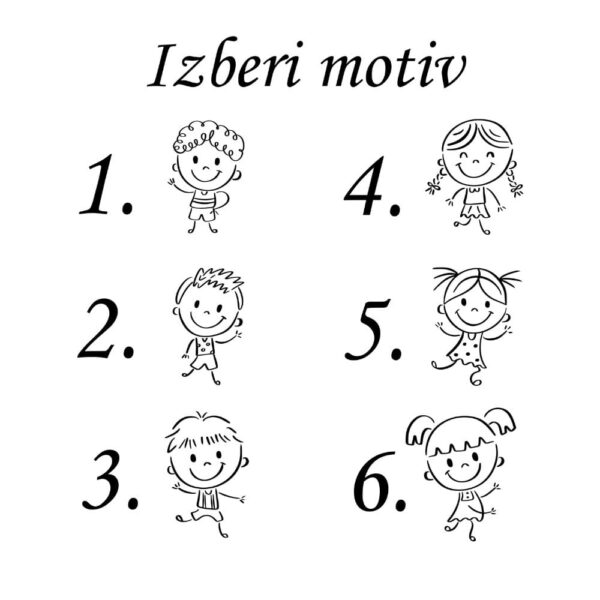 Prikaz 6 različnih ilustracij deklic in dečkov za personalizacijo graviranih lesenih izdelkov.