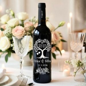 Gravirana poročna steklenica “Ena pot, dve srci” z imenoma ženina in neveste ter datumom poroke – personalizirano vino za pogostitev