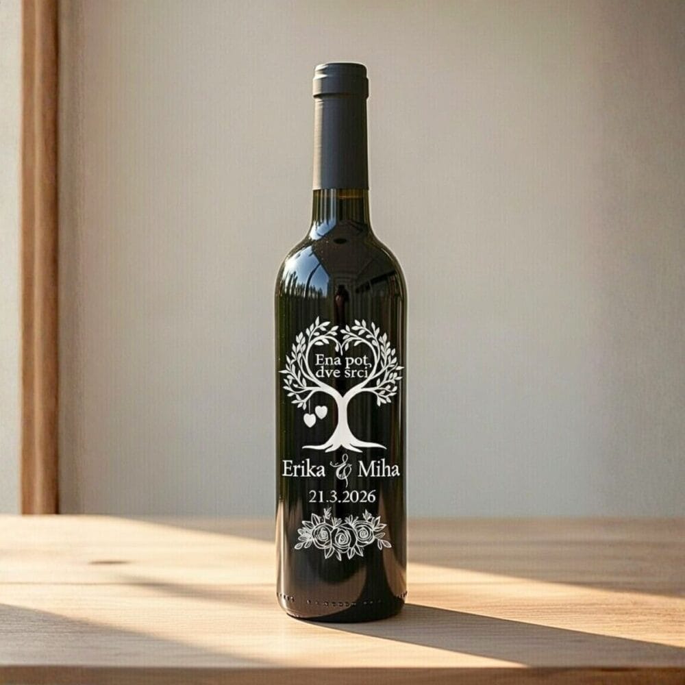 Slovensko premium poročno vino Ena pot, dve srci – gravirano, personalizirano in dostavljeno za nepozaben poročni dan