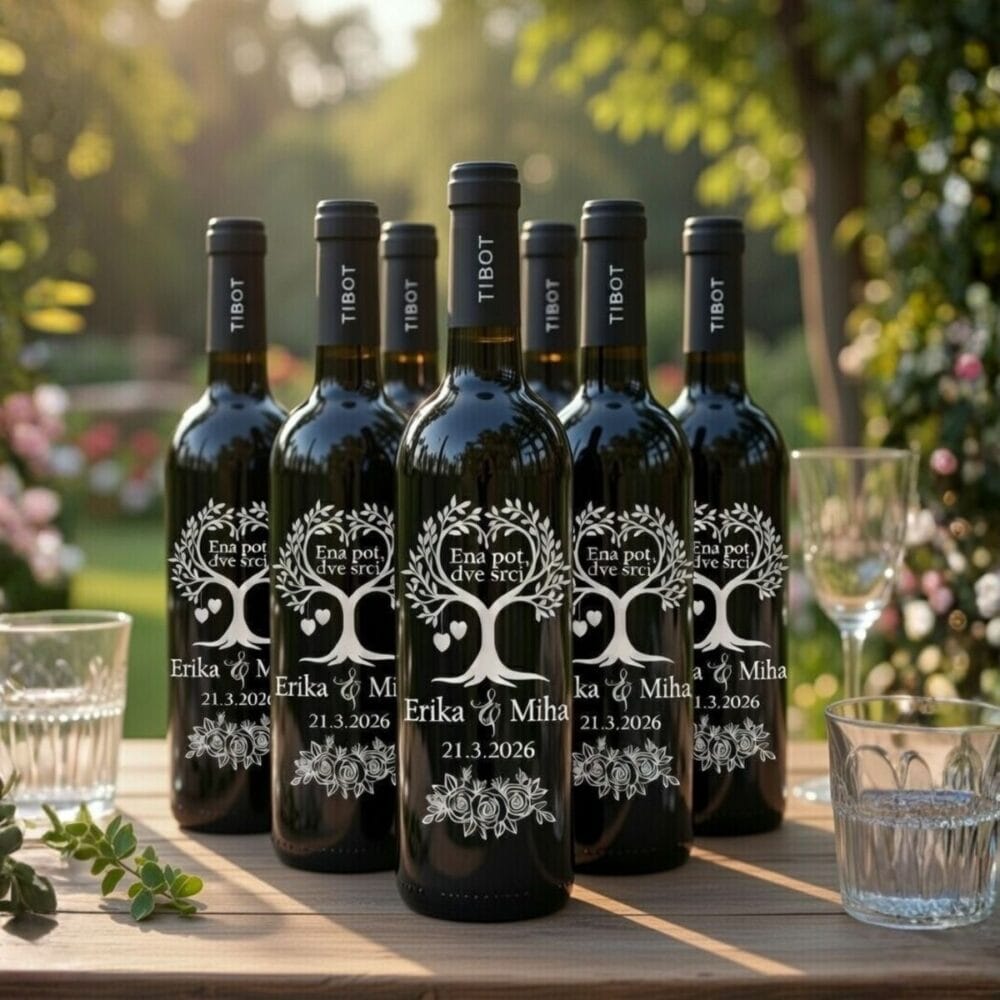 Poročno vino 0,75 l z vajinima imenoma in datumom poroke – personalizirana gravura za prestižno poročno pogostitev