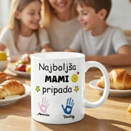 Bela personalizirana skodelica za mamo z imeni Amanda in Timotej na mizi ob zajtrku z družino