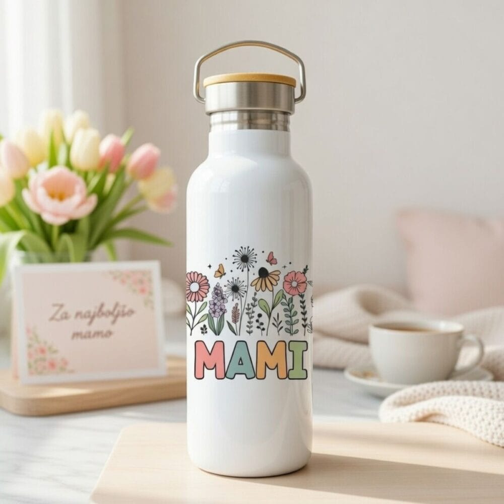 Bela termo steklenička z napisi Mami v cvetličnem stilu, dekorativnim rožnatim tulipanom in elegantnim satenastim trakom na bež podlagi.