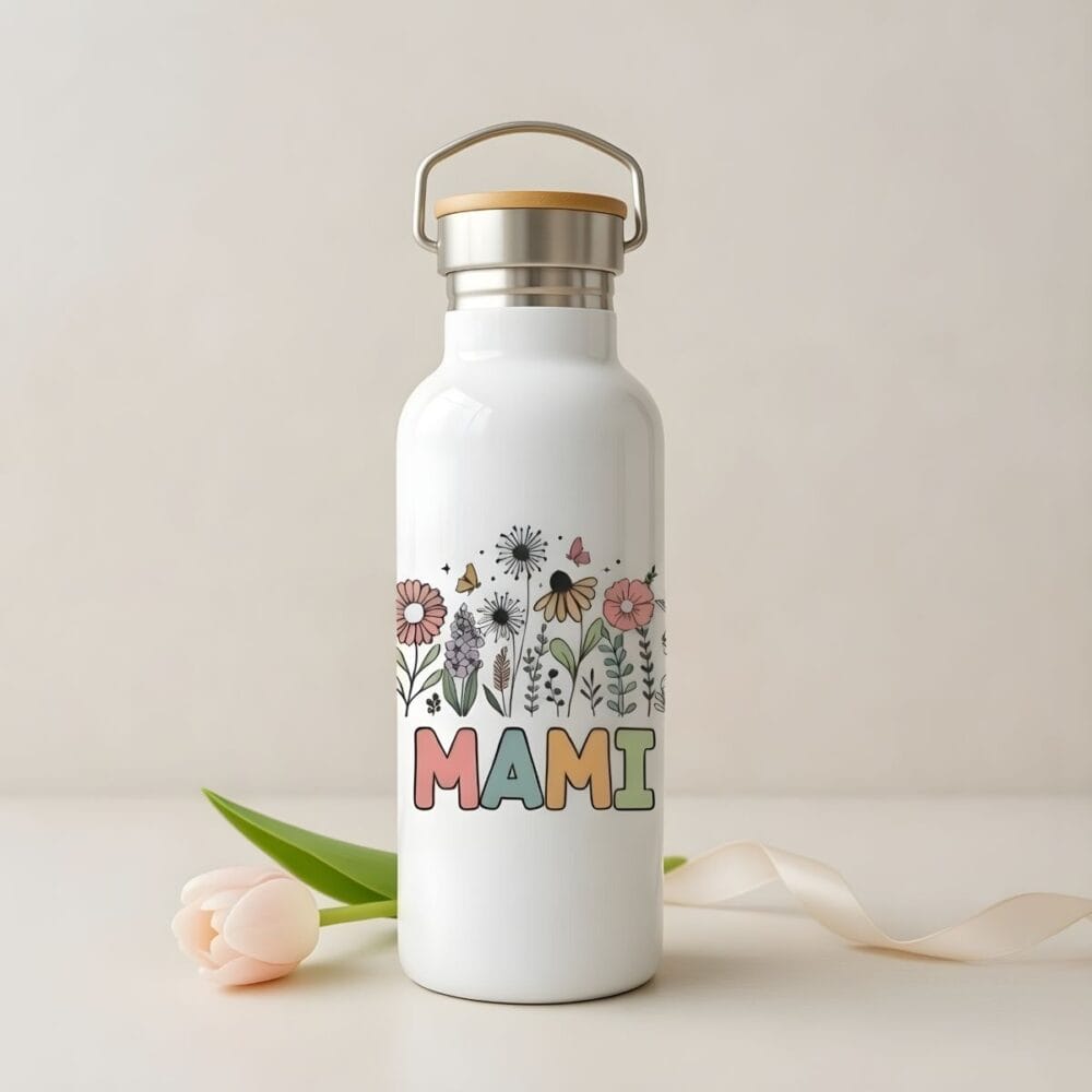 Bela termo steklenička z barvitim cvetličnim motivom in napisom Mami, ob kateri leži roza tulipan.
