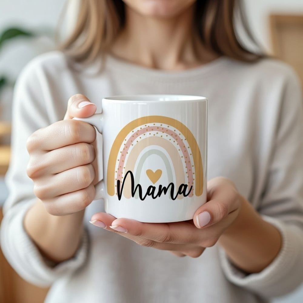 Ženska v pletenem puloverju drži belo keramično skodelico z napisom Mama in boho mavrico.
