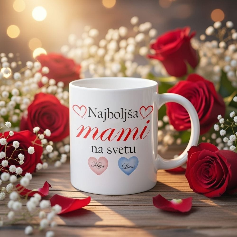 Personalizirana skodelica za mamo na leseni mizi, obkrožena z bogatimi rdečimi vrtnicami in nežnim belim cvetjem v topli svetlobi.