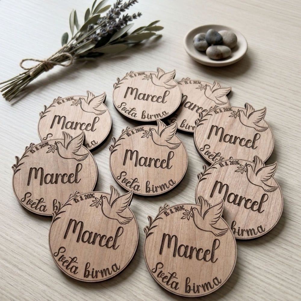 Elegantni magnet za birmo iz lesa okoume, simbol goloba miru z oljčno vejico