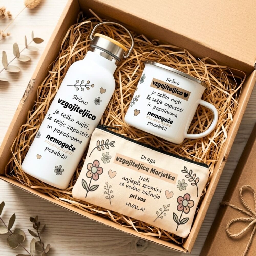 Darilni paket za vzgojiteljico s termo flaško, skodelico in personalizirano peresnico 🎁