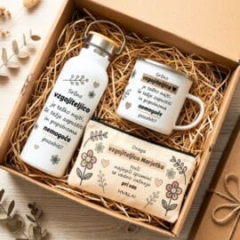 Darilni paket za vzgojiteljico s termo flaško, skodelico in personalizirano peresnico 🎁