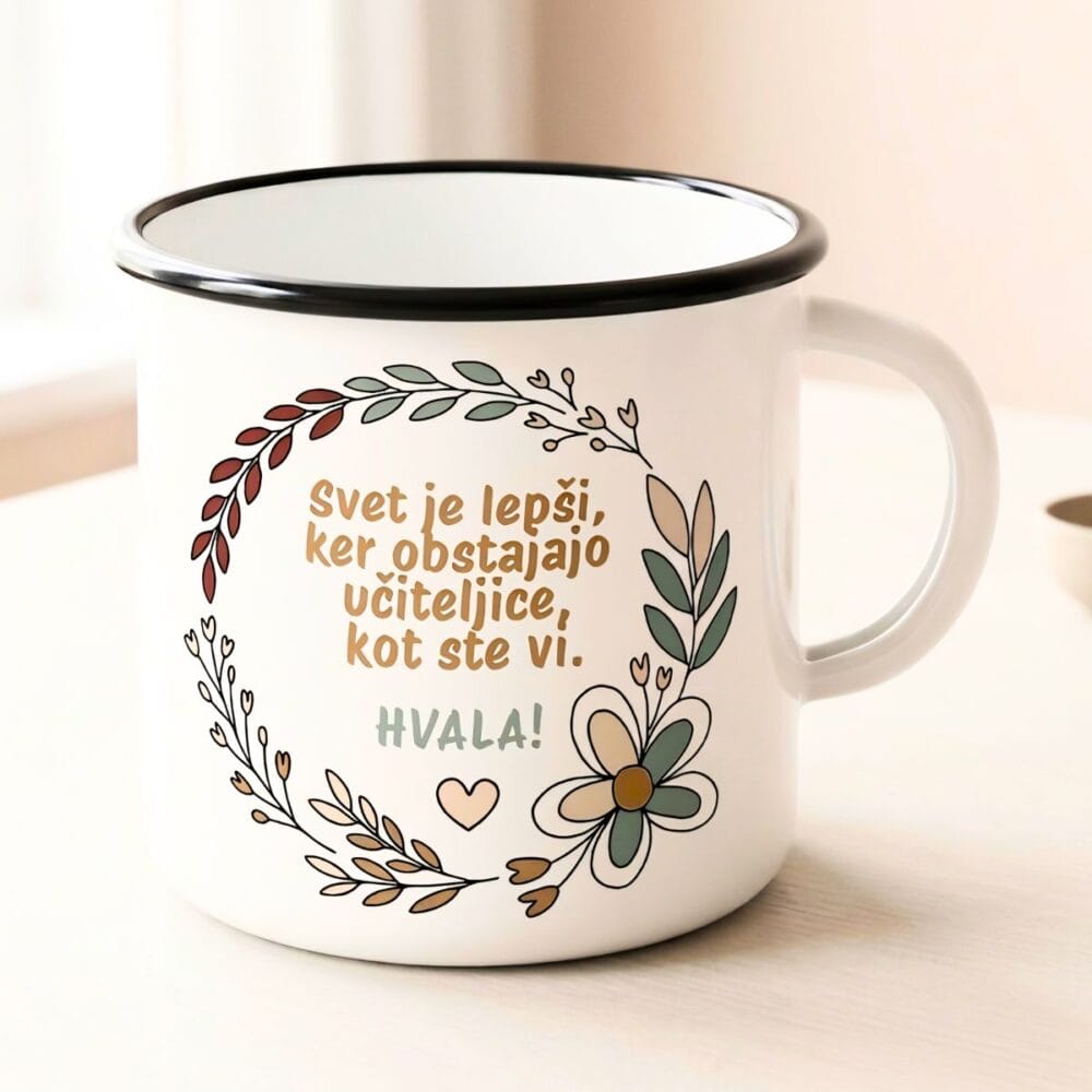 Emajliran lonček za vzgojiteljico z nežnim potiskom