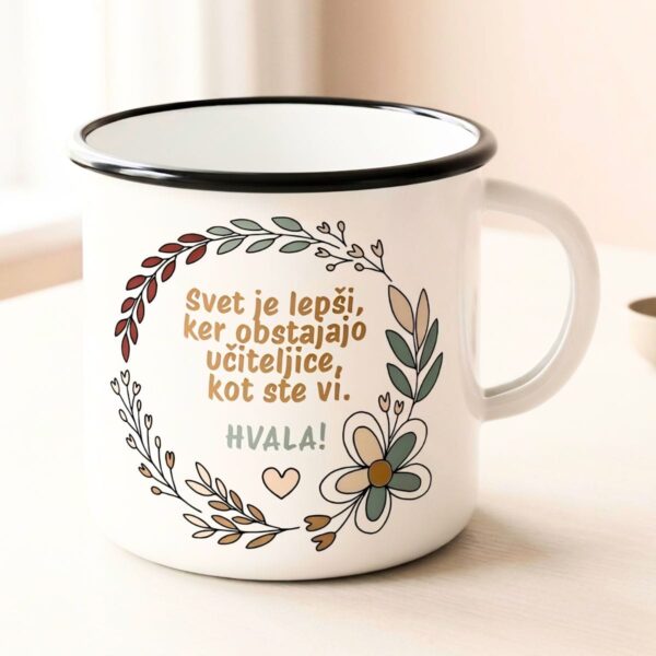Emajliran lonček za vzgojiteljico z nežnim potiskom