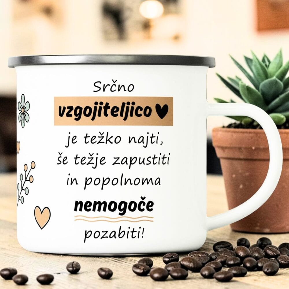 Personalizirana emajlirana skodelica za učiteljico z dekorativnim motivom