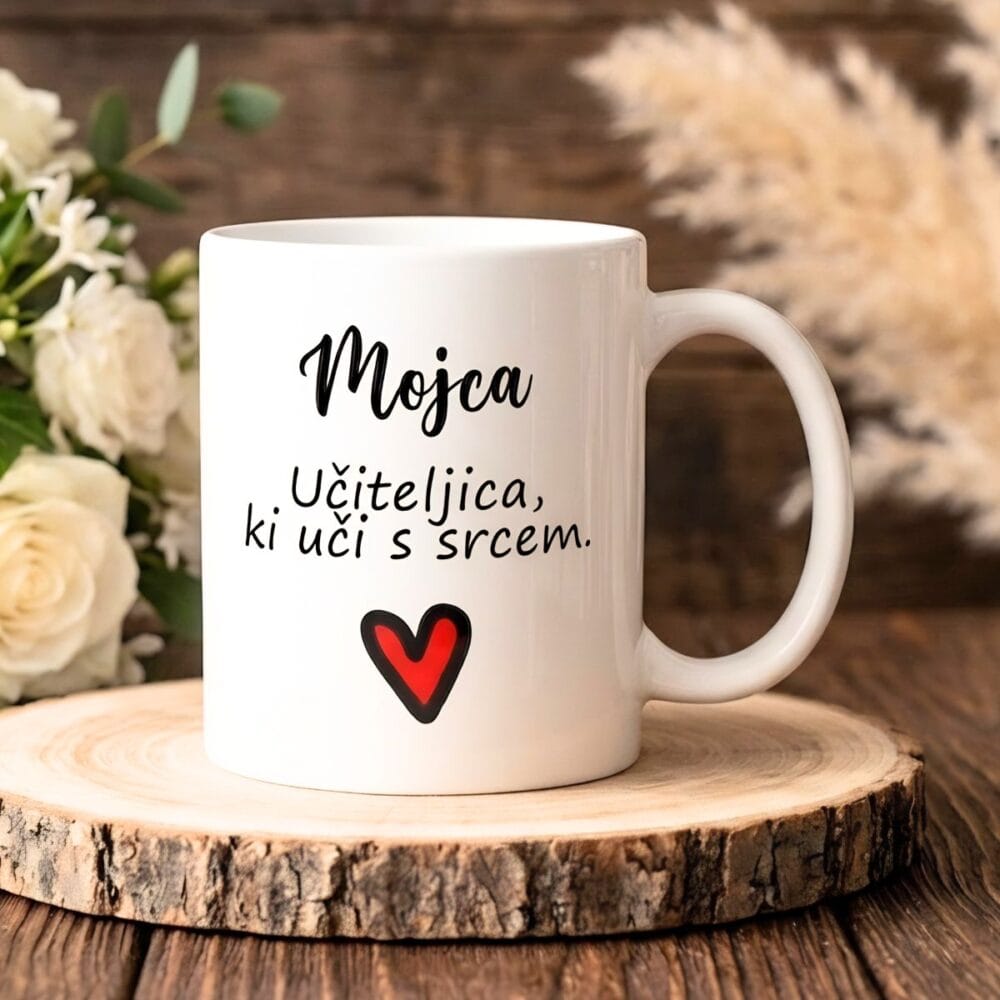 Personalizirana skodelica za vzgojiteljico z napisom in srčkom