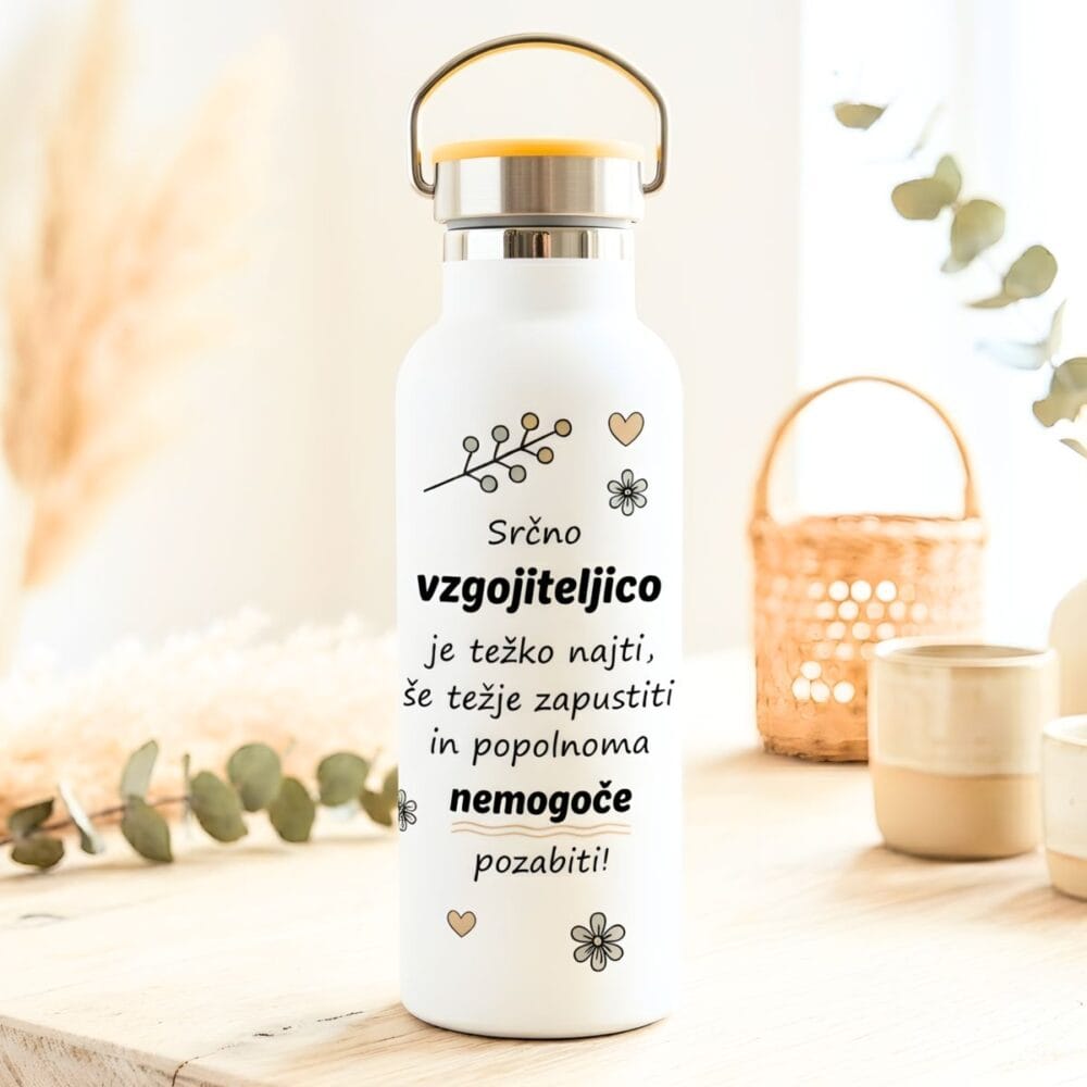Personalizirana termo steklenička za učiteljico z motivom.