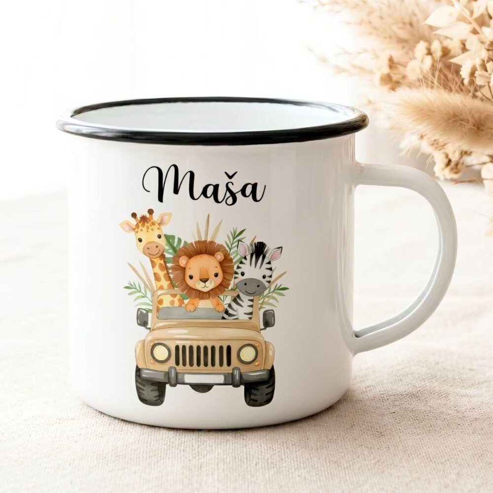Otroški emajliran lonček Safari z unikatnim potiskom živali v avtu in personaliziranim napisom.