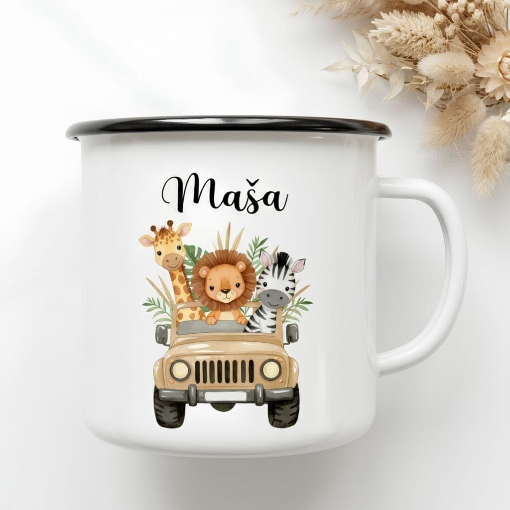 Personaliziran emajliran lonček Safari dogodivščina z imenom in motivom živali v avtomobilu.