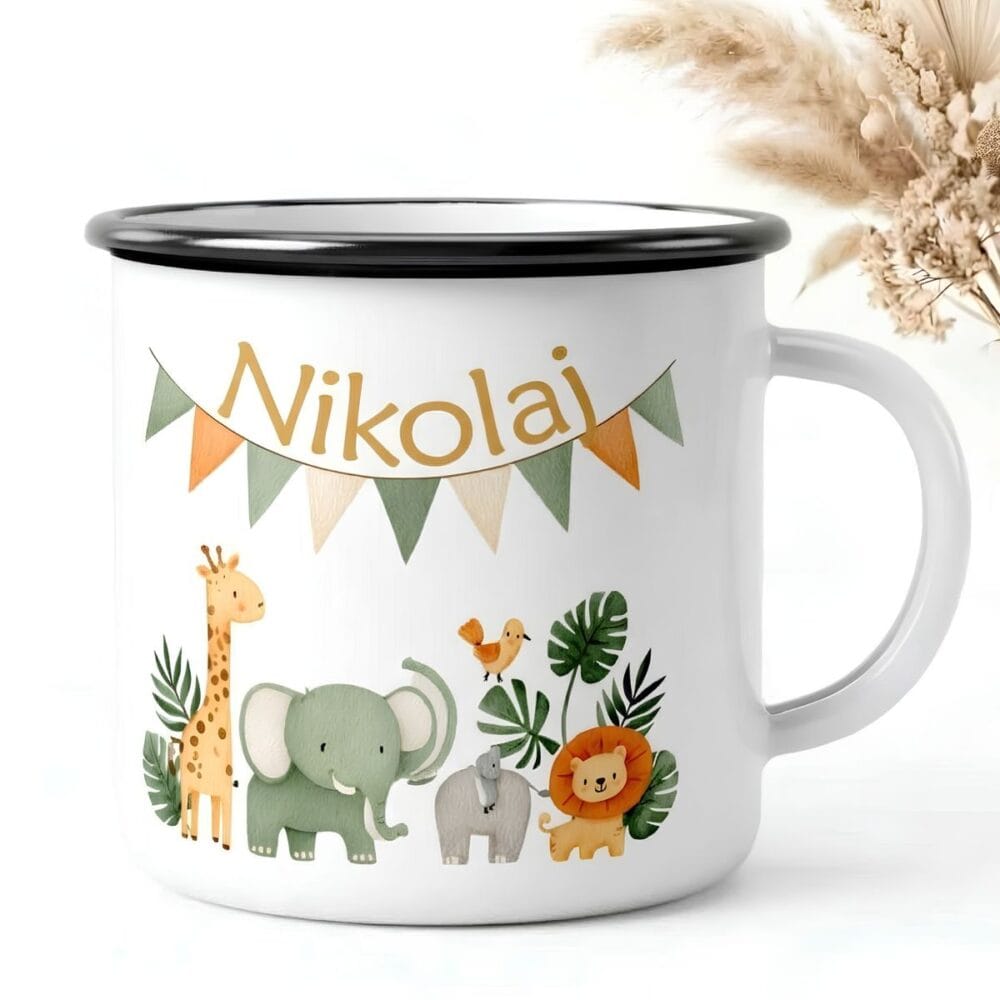 Personaliziran emajliran lonček – Safari družinica